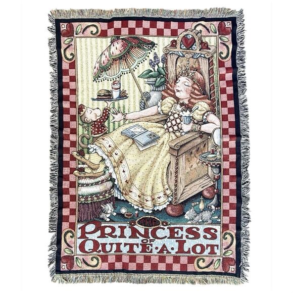 Mary Engelbreit Vintage 90s PRINCESS QUITE A LOT Throw Blanket Tapestry 47x68” - Picture 1 of 10